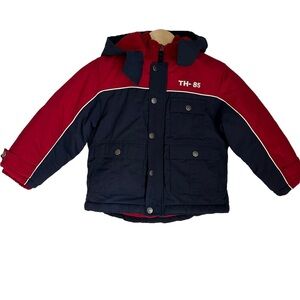 Tommy Hilfiger Boys Youth Navy Blue and Red Puffer Winter Jacket with Hood Sz. 5